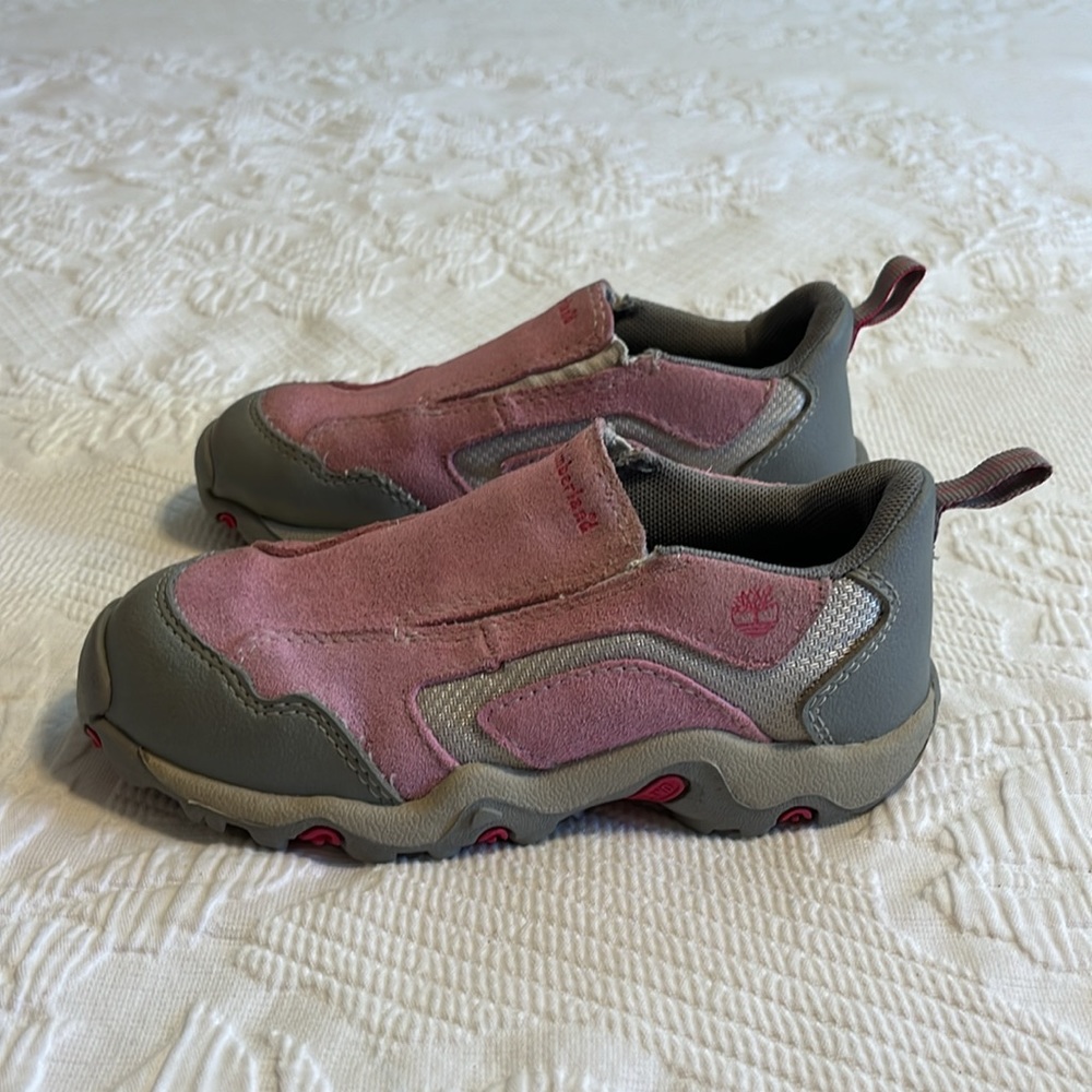 Timberland leather/manmade slip-on tennis shoes, pink/grey tones, kids 12